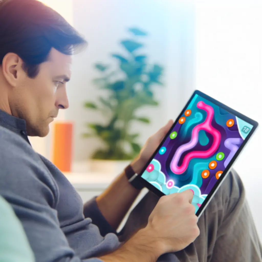 Osoba grająca w Flow Free, skupiona na treningu umysłu