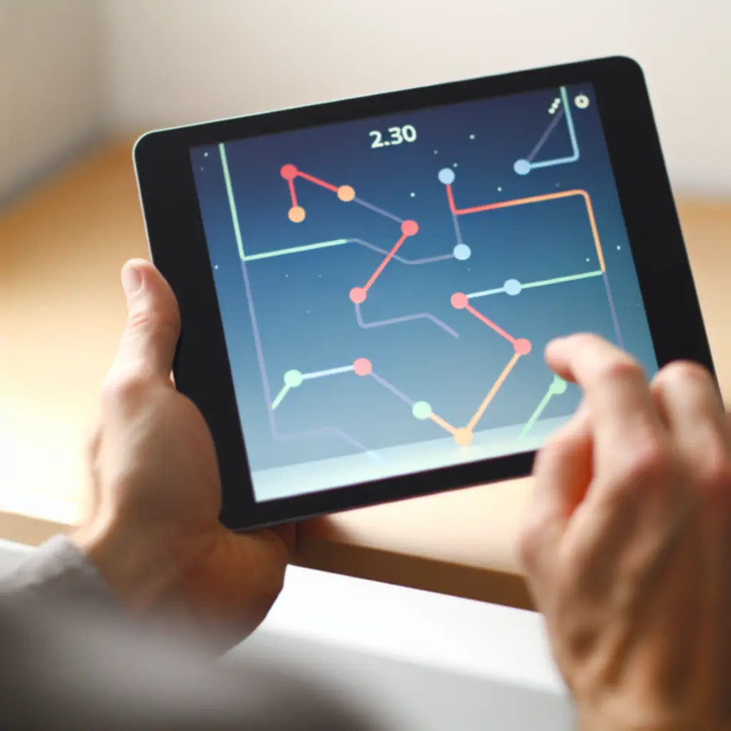 Widok gry Flow Free na ekranie telefonu i tabletu, przedstawiający kolorowe połączenia na planszy