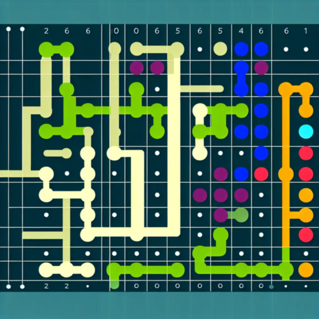 Przykładowy poziom Flow Free z kilkoma kolorowymi ścieżkami