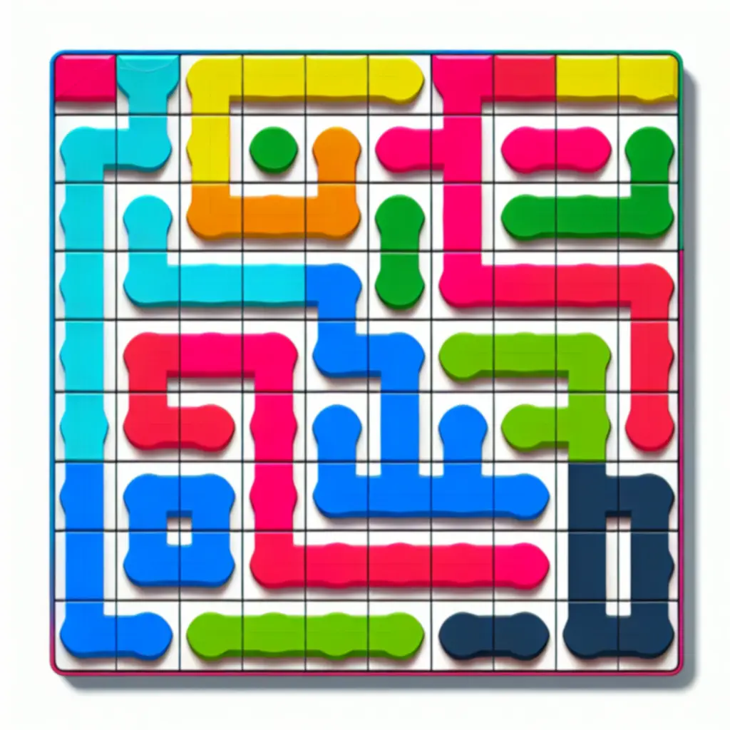 Przykładowa plansza Flow Free z zaznaczonymi kluczowymi połączeniami i wąskimi gardłami